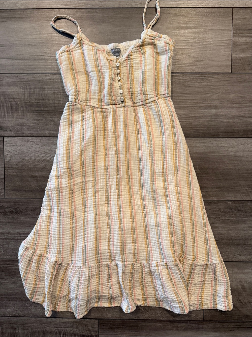 aerie Pastel Striped Button-Front Midi Dress in Yellow, Pink, Blue